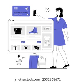 Fazendo compras on-line. Mulher comprar roupas, sapatos, acessórios no site e pagar seu cartão de crédito. Ilustração vetorial com pessoas de linha para web design.	
