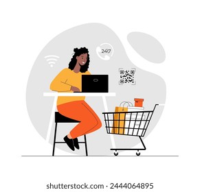 Shopping online. Woman with shopping cart, bags and boxes making purchases and paying with qr code scanning. Illustration with people scene in flat design for website and mobile development.