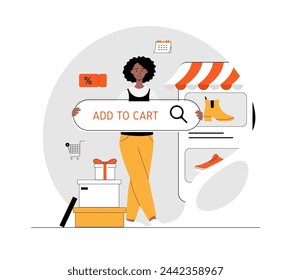 Shopping online. Woman choosing goods at store, ordering and paying online in mobile app. Illustration with people scene in flat design for website and mobile development.	
