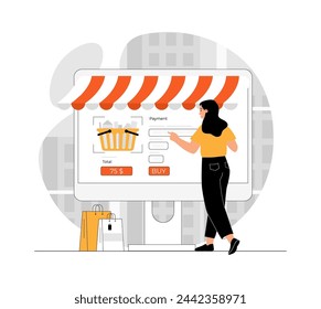 Shopping online. Woman choosing goods at store, ordering and paying online in app. Illustration with people scene in flat design for website and mobile development.	
