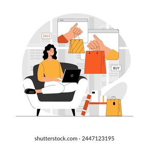 Shopping online. Woman making purchases, ordering delivery and paying with credit cards. Illustration with people scene in flat design for website and mobile development.	
