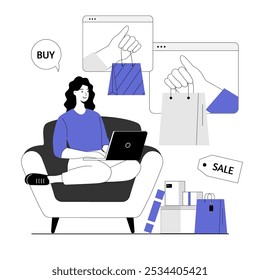 Shopping online. Woman making purchases, ordering delivery and paying with credit cards. Vector illustration with line people for web design.	
