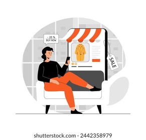 Shopping online. Woman shopping online in mobile app. Ecommerce and retail concept. Illustration with people scene in flat design for website and mobile development.	
