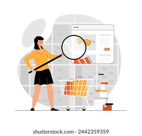 Shopping online. Woman orders and pays for purchases on store website. Discount and customer loyalty program at store website. Illustration with people scene in flat design for website and mobile