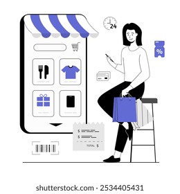 Compras en línea. Mujer con bolsas de papel haciendo compras en tienda de internet. Ilustración vectorial con gente de línea para el Diseño web.	
