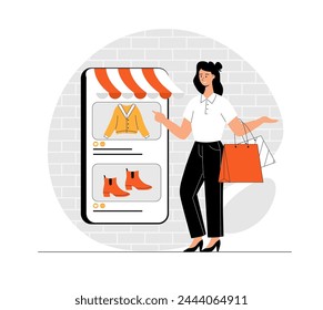 Shopping online. Woman selects products on a phone app. Buying online clothes, shoes, goods. Make an order. Illustration with people scene in flat design for website and mobile development.