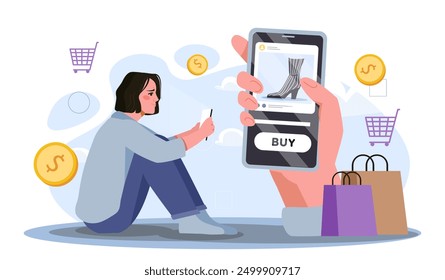 Shopping online woman. Young girl buys boots online. Cashless transfers and transactions. Fast home delivery. Fashion and trend. Flat vector illustration isolated on white background