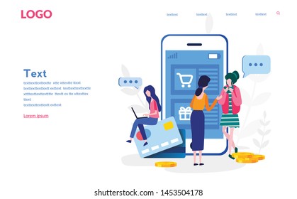 Shopping online. Shopping in your smartphone. Pay online. Vector illustration for web banner, print, infographics, mobile website. Landing page template for Social and Network media