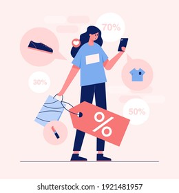 Shopping online.Young women shop online on smartphones. Vector flat illustration.