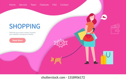 Shopping optimize online content. Increase website's ranking and visibility. Helps companies in the professional content and creatives concept vector. Website or webpage template, landing page flat