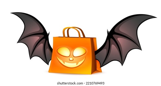 Shopping orange paper bag with bat wings. Halloween sale concept