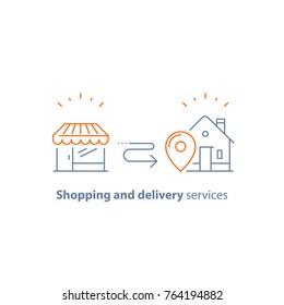 Shopping order delivery to home, distribution service concept, retail business, store vector line icon, thin stroke