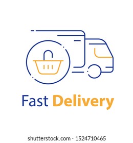 Shopping order delivery, truck distribution, purchase shipping, basket line icon, convenient service, vector linear design