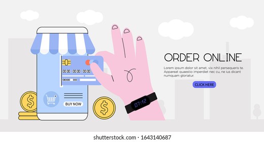 Shopping, order or payments online banner, flyer or landing page. Hand holding credit card and buying goods or settle internet payments. The concept of e-commerce, shop online service or application.