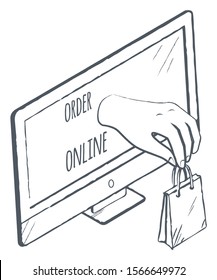 Shopping and ordering online via internet. Isolated monochrome sketch of laptop screen with hand holding bag. Digital services for shoppers. Icon for shops and stores selling items vector in flat