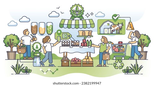 Shopping organic and buy green, raw and ecological grocery outline concept. Fresh food from local suppliers and farmers in zero waste store vector illustration. Eco society with healthy eating habits