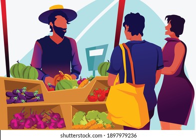 Shopping At An Outdoor Market. Farmers Market With Vegetables And Reusable Shopping Bag.