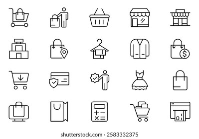 Shopping outline icon set. Set of shopping cart icons. Collection of web icons for online store, from various cart icons in various shapes.