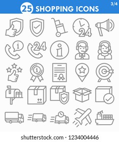 Juego de iconos de esquema de compra, iconos de comercio electrónico, ilustración de vector de línea, como garantía, protección de paquetes, entrega rápida, soporte al cliente, mejor trato