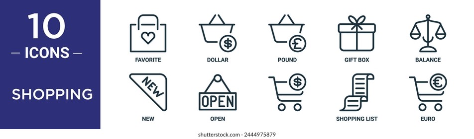 el conjunto de iconos de contorno de compras incluye favoritos de línea fina, dólar, libra, caja de regalo, saldo, nuevo, iconos abiertos para informe, presentación, diagrama, Diseño web