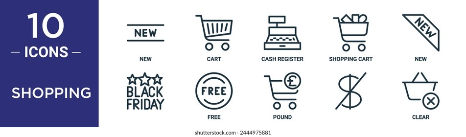 shopping outline icon set includes thin line new, cart, cash register, shopping cart, new,  , free icons for report, presentation, diagram, web design
