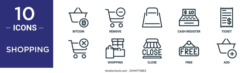el conjunto de iconos de contorno de compras incluye bitcoin de línea fina, quitar, , caja registradora, ticket, iconos de compras para informe, presentación, diagrama, Web
