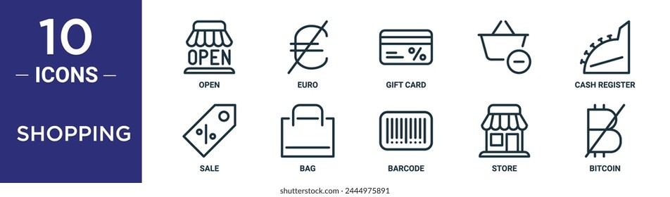 shopping outline icon set includes thin line open, euro, gift card,  , cash register, sale, bag icons for report, presentation, diagram, web design
