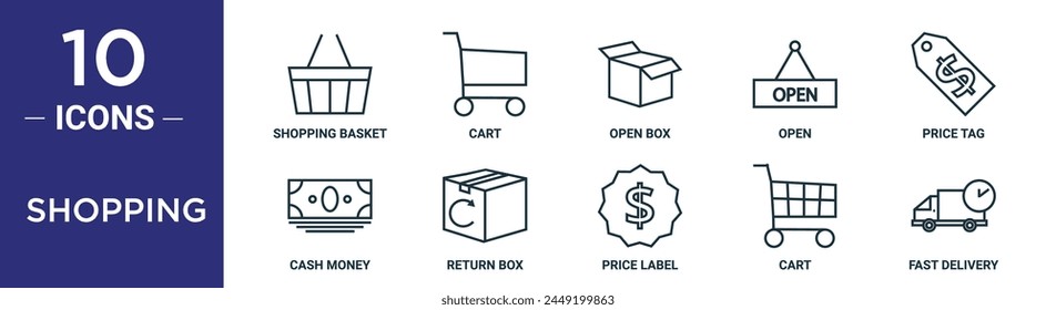 el conjunto de iconos de contorno de compras incluye cesta de la compra de línea fina, Carrito, caja abierta, abierto, etiqueta de Precio, dinero en efectivo, iconos de caja de devolución para informe, presentación, diagrama, Diseño web