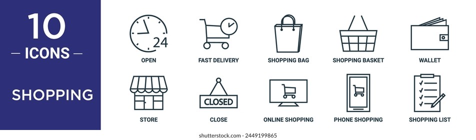 shopping outline icon set includes thin line open, fast delivery, shopping bag, shopping basket, wallet, store, close icons for report, presentation, diagram, web design