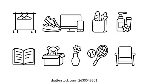 Shopping outline icon set - retail, fashion, home goods shopping cart symbols