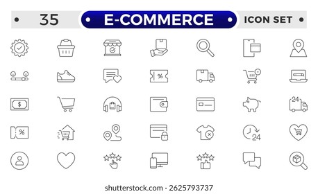 Shopping outline icon Set. Vibrant and engaging icons for enhancing e-commerce platforms, perfect for product listings, cart management, checkout processes to elevate the online shopping experience.
