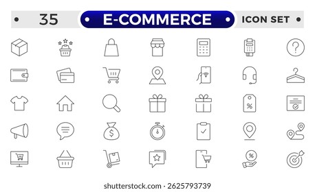 Shopping outline icon Set. Vibrant and engaging icons for enhancing e-commerce platforms, perfect for product listings, cart management, checkout processes to elevate the online shopping experience.
