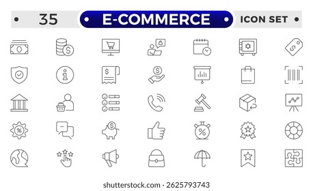Shopping outline icon Set. Vibrant and engaging icons for enhancing e-commerce platforms, perfect for product listings, cart management, checkout processes to elevate the online shopping experience.
