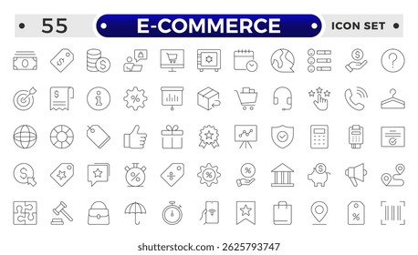 Shopping outline icon Set. Vibrant and engaging icons for enhancing e-commerce platforms, perfect for product listings, cart management, checkout processes to elevate the online shopping experience.

