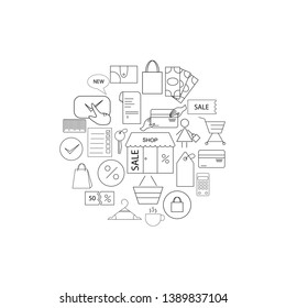 Shopping outline icons circle. Vector illustration of web retail. Shopping and ecommerce concept