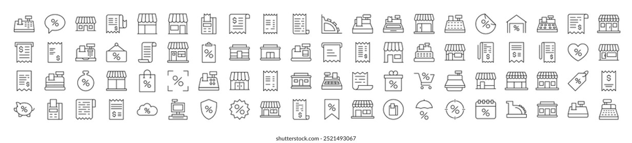 Shopping Outline Simple Icons Bundle. Contains Icons of Store, Receipt, Cash Register that Can Be Used for Design of Cards, Posts, Apps, Web Sites