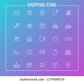 shopping outline vector icons on color gradient background. shopping icon set for web design and user interface design, mobile apps and print products
