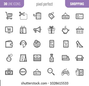 Shopping outline web icon collection. 32x32 pixel perfect. Vector e-commerce thin line creative design.