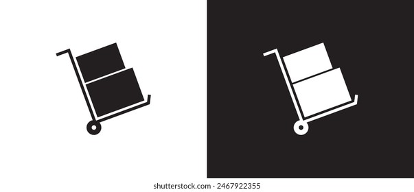 Caja del paquete de compras en el carro. Icono de Vector de expedición de envío de carga, ícono de caja de cartón en estilo plano. Ilustración vectorial, comercio electrónico. Icono de carga en fondo blanco y negro.