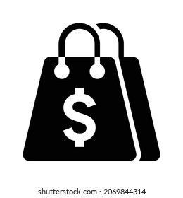 Compras, paquetes, dólares, ícono de bolsos. Gráficos vectoriales negros.