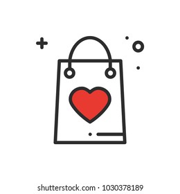 Icono de línea del paquete de compras. Presente, caja de regalo. Feliz día de San Valentín y símbolo. Fiesta temática de fiestas de cumpleaños. Diseño lineal simple vectorial. Forma del corazón.