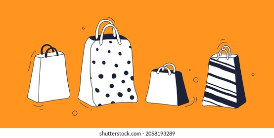 Paket-Set zum Einkaufen. Handgezeichnete Vektorgrafik im Cartoon-Stil. Zeichnen in den Farben Weiß, Dunkel und Orange.