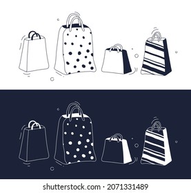 Paket-Set zum Einkaufen. Handgezeichnete Vektorgrafik im Cartoon-Stil. Zeichnung in Weiß- und Dunkelfarben.