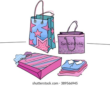 Shopping package. Vector illustration. Background with colorful bags. Discount concept. 