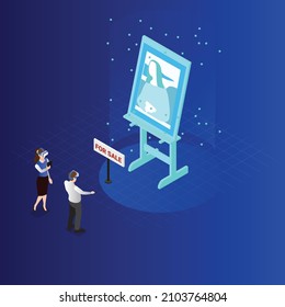Shopping for a painting in metaverse isometric 3d vector concept for banner, website, illustration, landing page, flyer, etc.