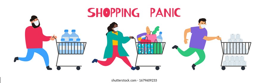 shopping panic running people with cart coronavirus covid 19 pandemic quarantine vector illustration