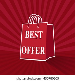 Shopping paper bag with best offer sale tag icon on sunburst pattern red background