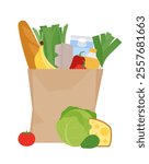 Shopping paper bag is brimming food - bread, cheese, cartons of milk, eggs, vegetables. Market groceries, buying food concept. Linear illustration editable strokes.