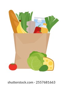 Shopping paper bag is brimming food - bread, cheese, cartons of milk, eggs, vegetables. Market groceries, buying food concept. Linear illustration editable strokes.