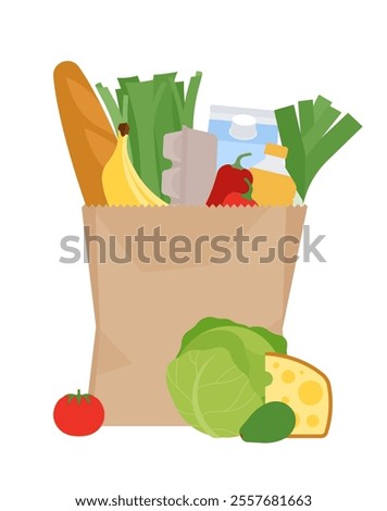 Shopping paper bag is brimming food - bread, cheese, cartons of milk, eggs, vegetables. Market groceries, buying food concept. Linear illustration editable strokes.